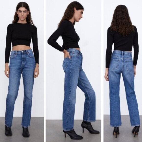NWT ZARA High Rise Straight Leg Jeans Size 2 Blue - Picture 1 of 6